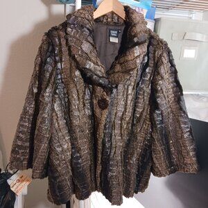 Sharon Young Dark Brown Textured "Bark" Faux Fur Cropped Swing Jacket Lined XL